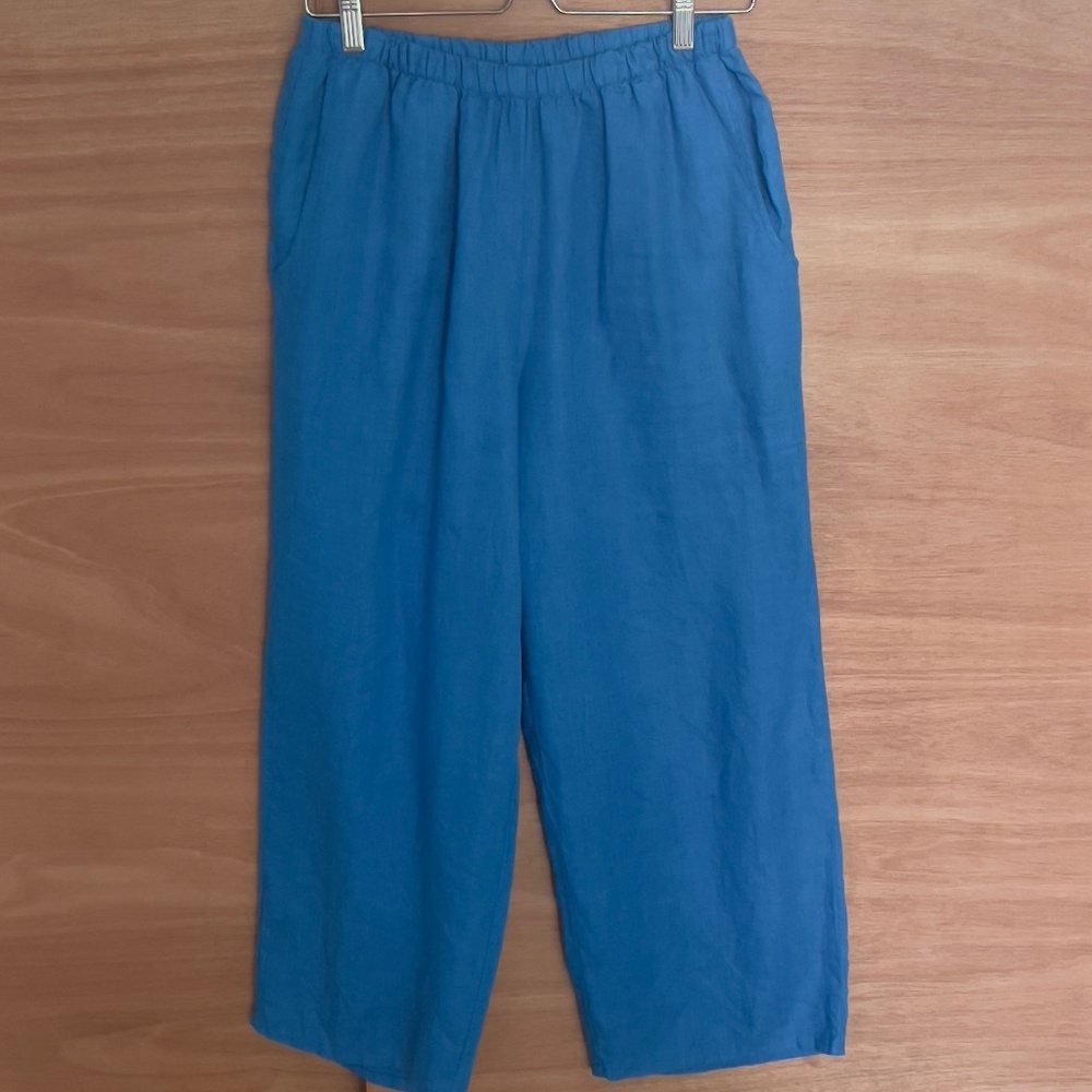 FLAX 100% linen wide leg pull on pants size S small blue lagenlook minimalist